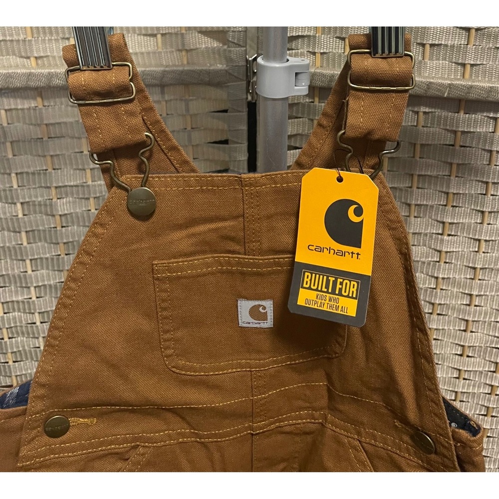 NWT Carhartt Kids Flannel Lined Duck Bib Overalls Brown Plaid Size 4T - Picture 5 of 15